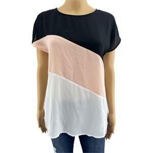 H&M (S) White Pink Black Color Block Asymmetrical Stripe Officewear Blouse Top